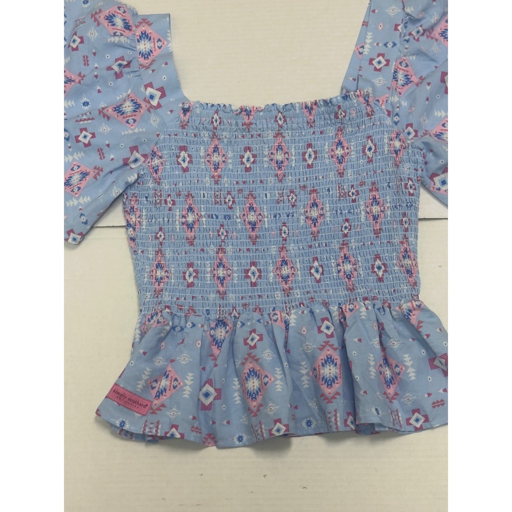Simply Southern Peplum Top Womens M Blue Pink Aztec Smocked Flutter Sleeve - Picture 3 of 9